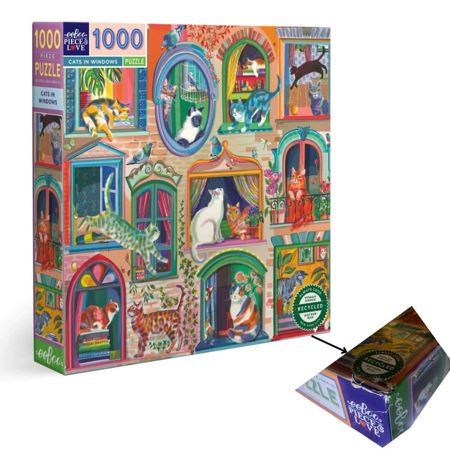 eeBoo 1000 Piece Jigsaw Puzzle - Cats in Windows - Wonky