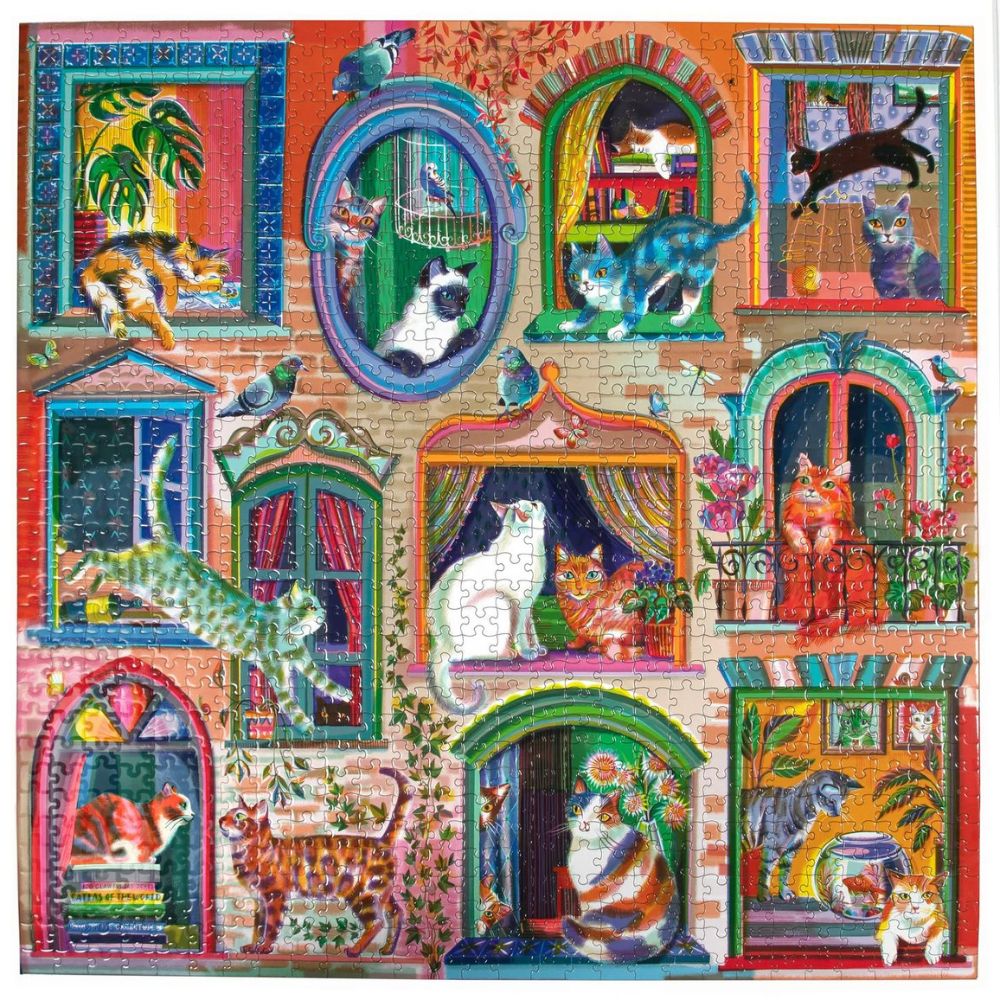 eeBoo 1000 Piece Jigsaw Puzzle - Cats in Windows - Wonky