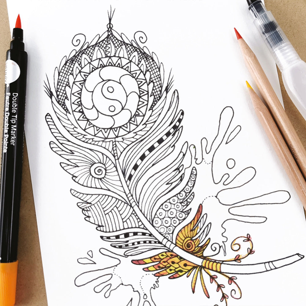 Coloring page with intricate designs, including a feather and yin-yang symbol, with art supplies on a white background.