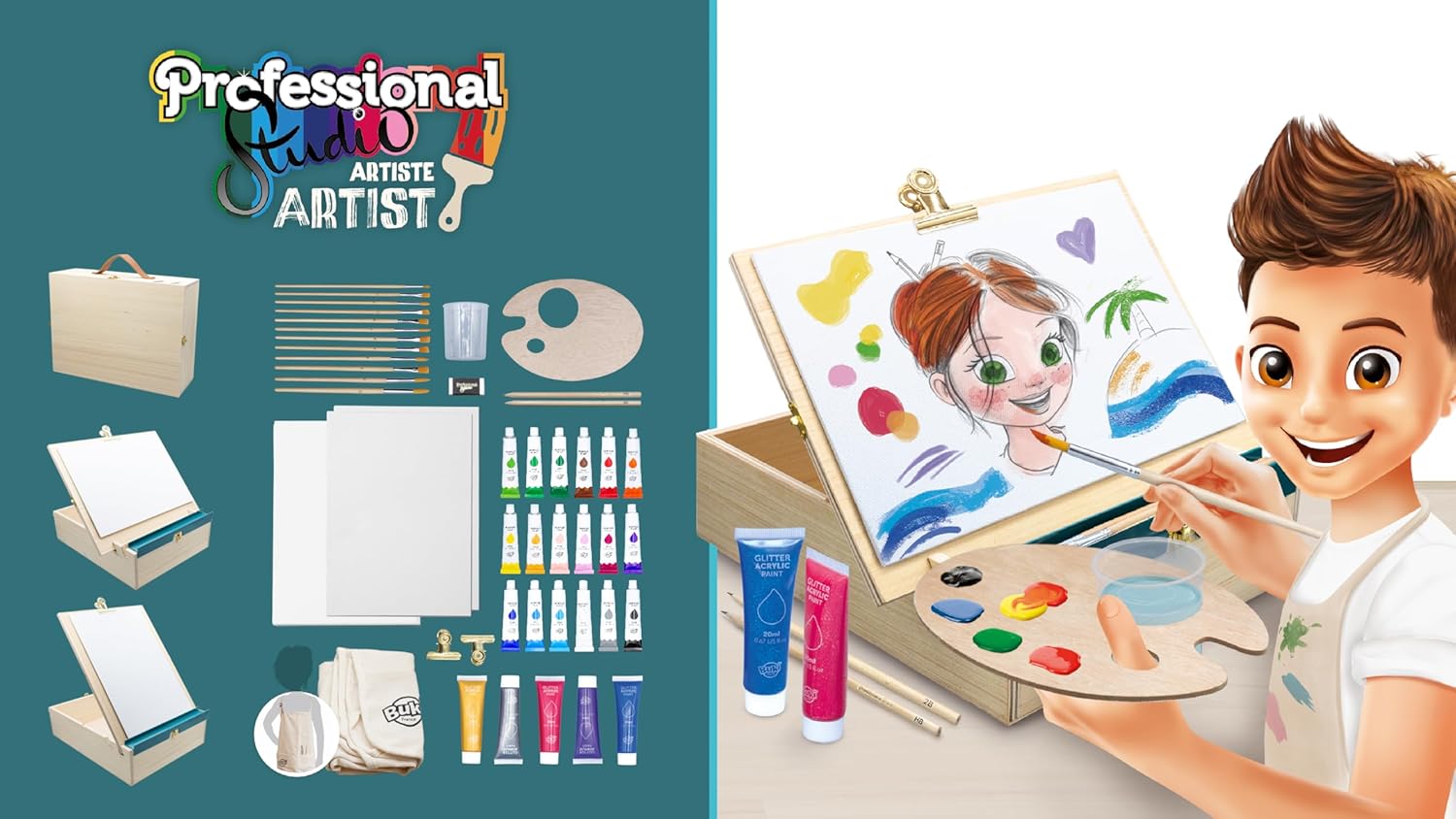 Kids Artist Workshop - Wooden Easel, Canvas & Supplies