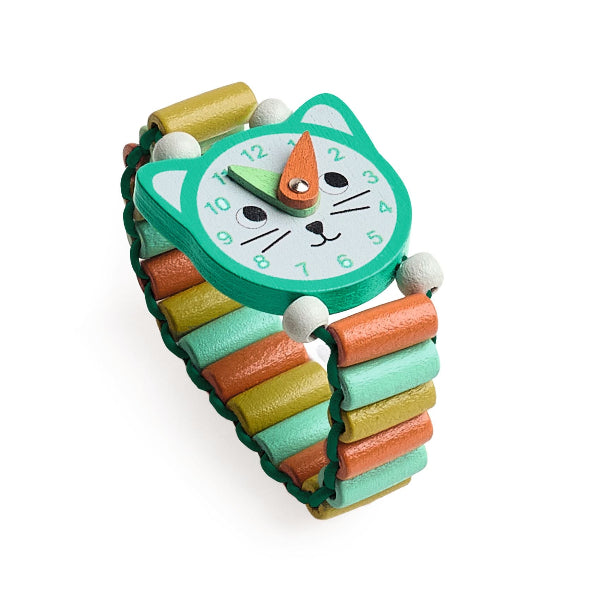 Colorful children's watch with a cat design on a white background