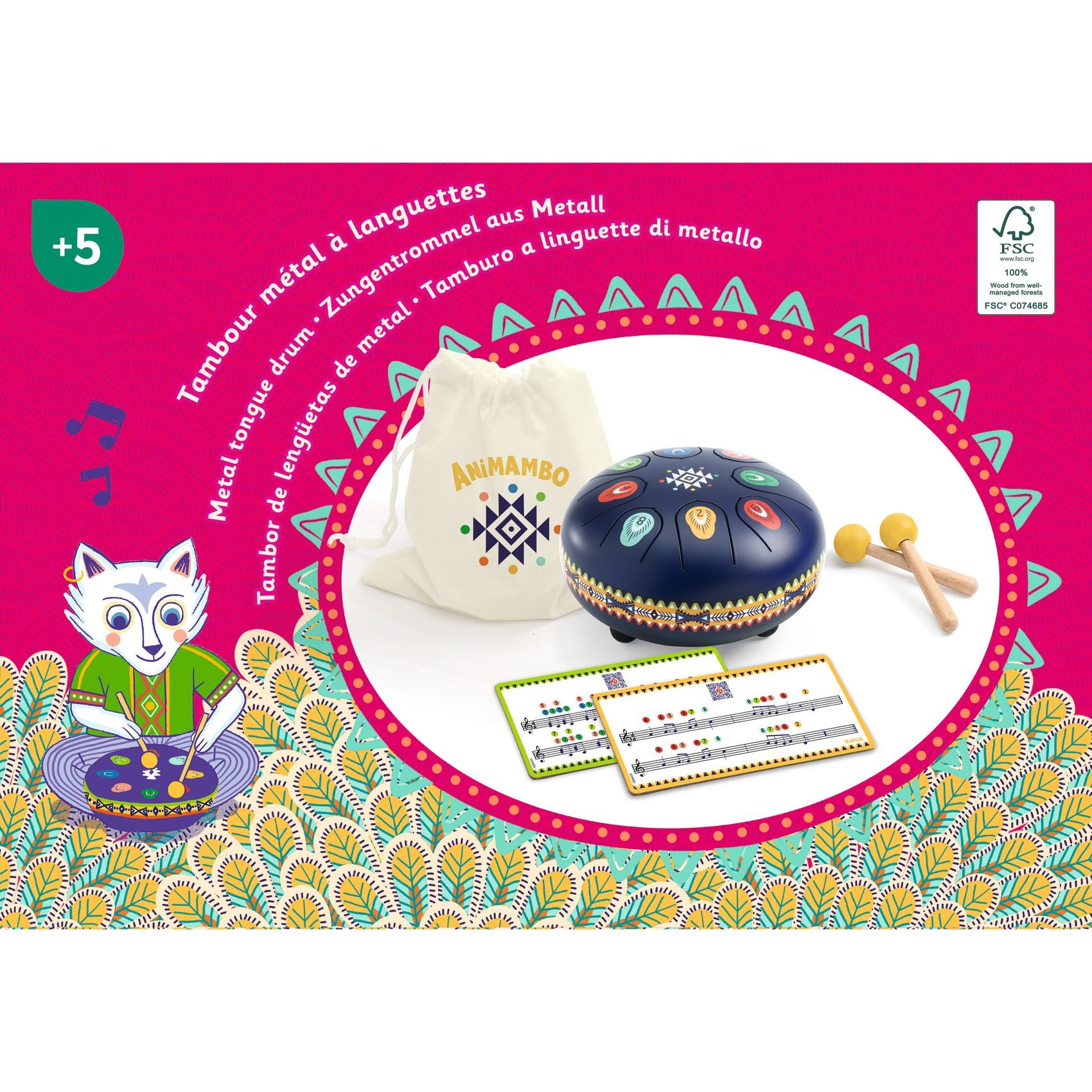 Metal tongue drum set with carrying bag and instruction cards on a colorful background