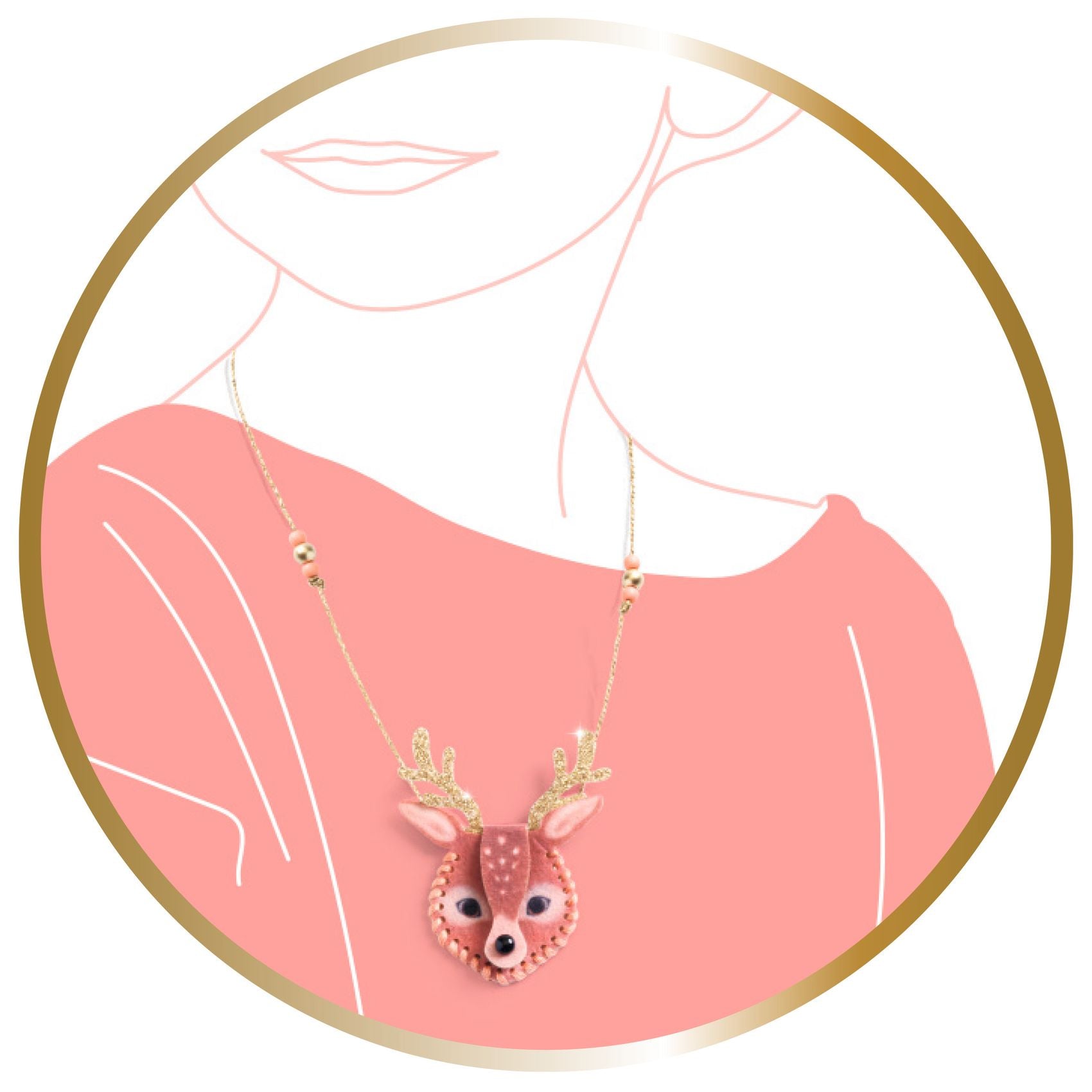 Deer-shaped pendant necklace on a pink background with a gold border
