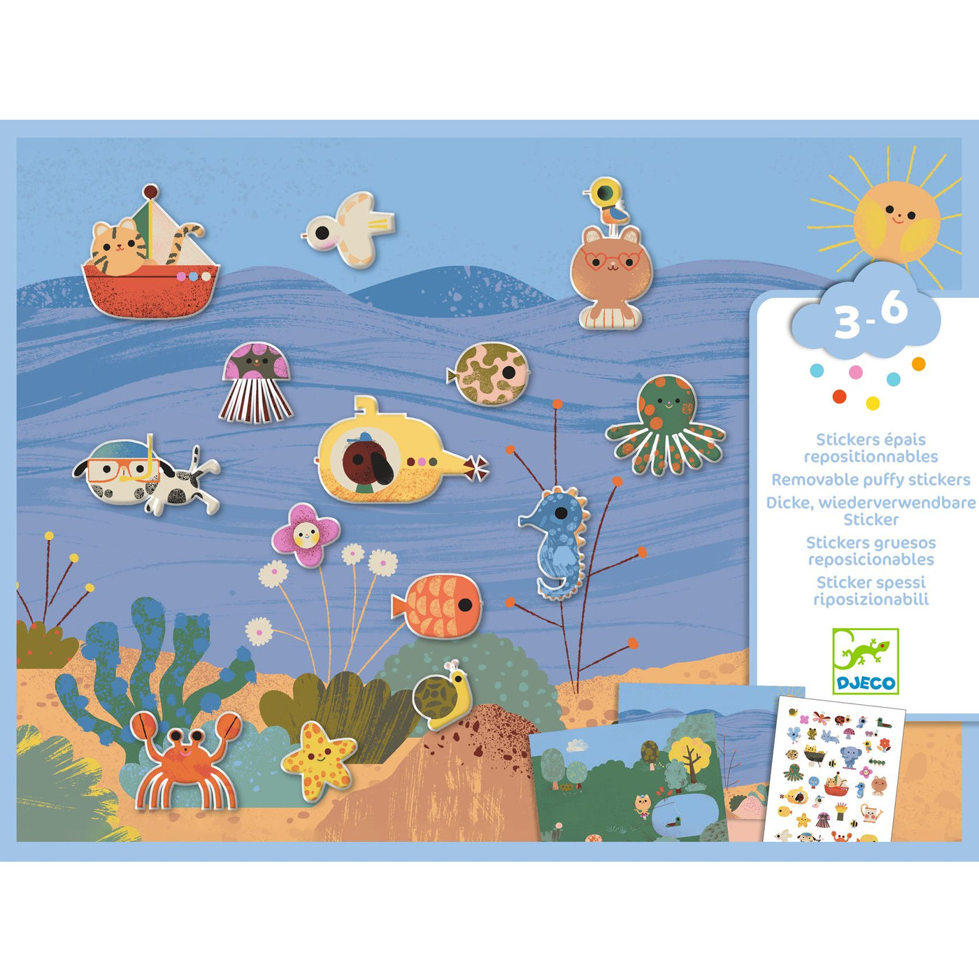 2 large backgrounds, seaside and countryside.  Create scenes using 30+ reusable puffy stickers. Djeco Repositionable Stickers Age 3 - 6 yrs⭐ Craft Gifts For Kids