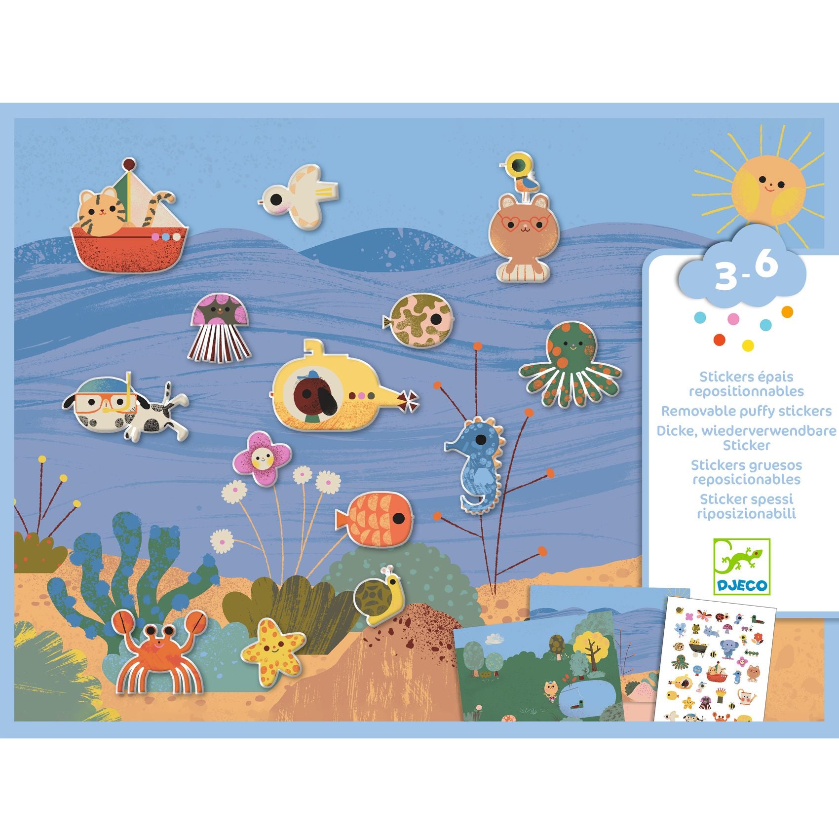 2 large backgrounds, seaside and countryside.  Create scenes using 30+ reusable puffy stickers. Djeco Repositionable Stickers Age 3 - 6 yrs⭐ Craft Gifts For Kids