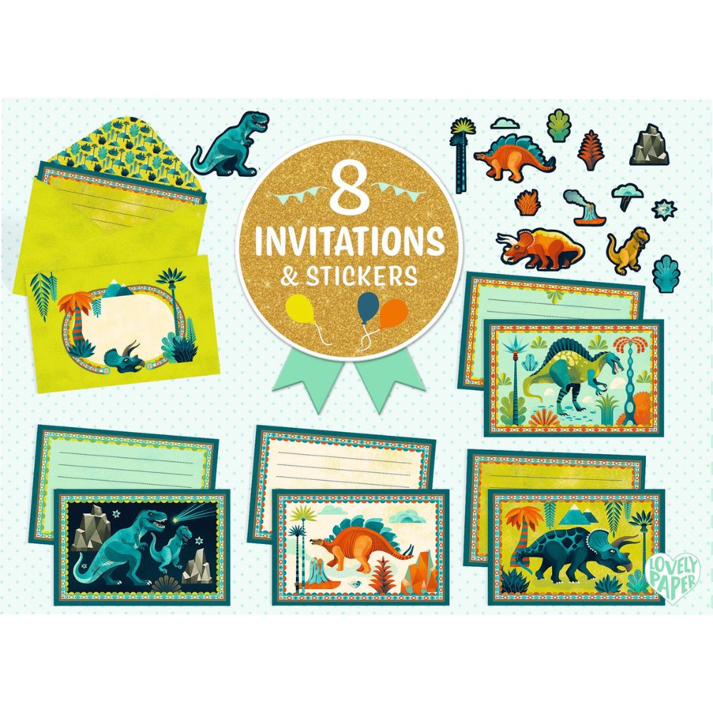 Djeco Lovely Paper - 8 Invitations & Stickers - Dinosaurs DD03497