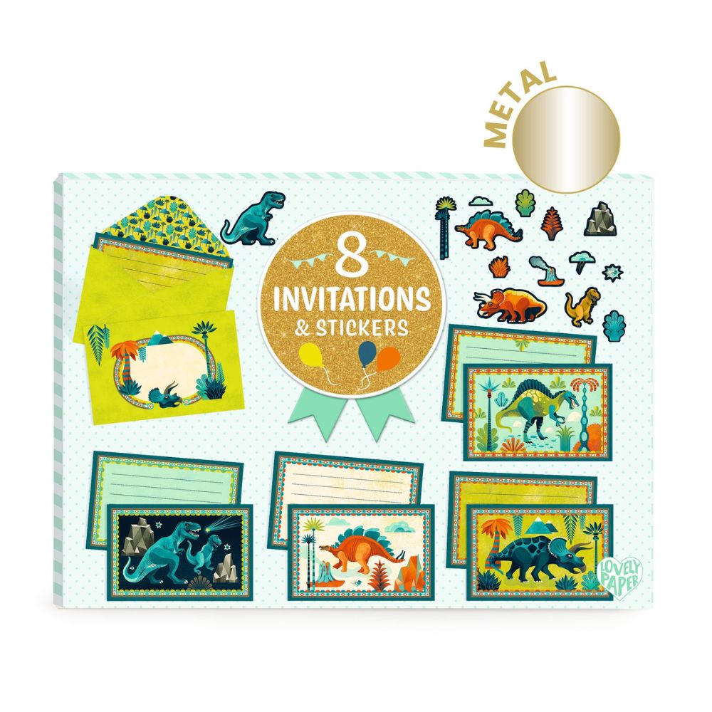 Djeco Lovely Paper - 8 Invitations & Stickers - Dinosaurs DD03497