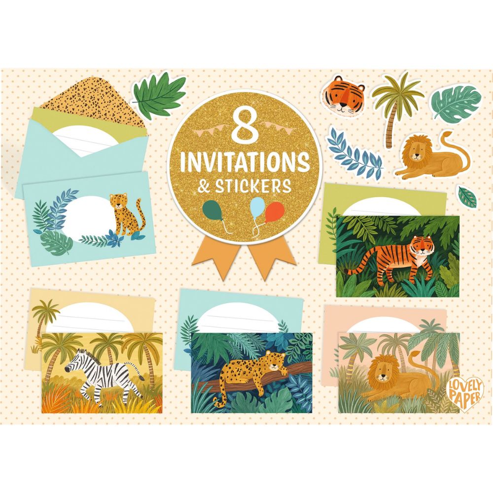 Djeco Lovely Paper - 8 Invitations and Stickers - Jungle Animals DD03491
