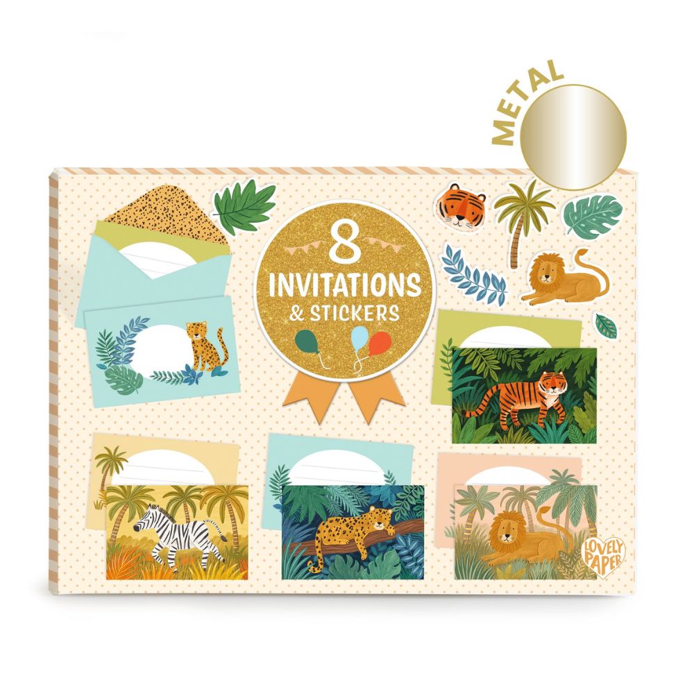 Djeco Lovely Paper - 8 Invitations and Stickers - Jungle Animals DD03491