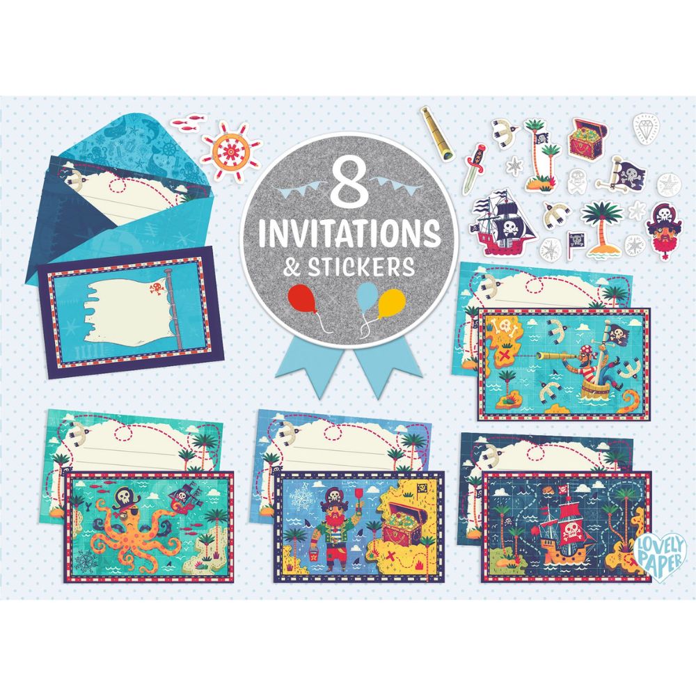 Djeco Lovely Paper - 8 Invitations & Stickers - Pirates & Sealife DD03495