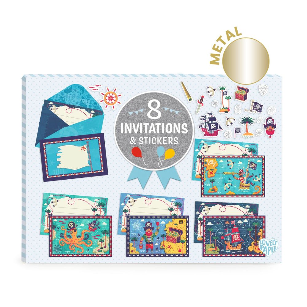 Djeco Lovely Paper - 8 Invitations & Stickers - Pirates & Sealife DD03495