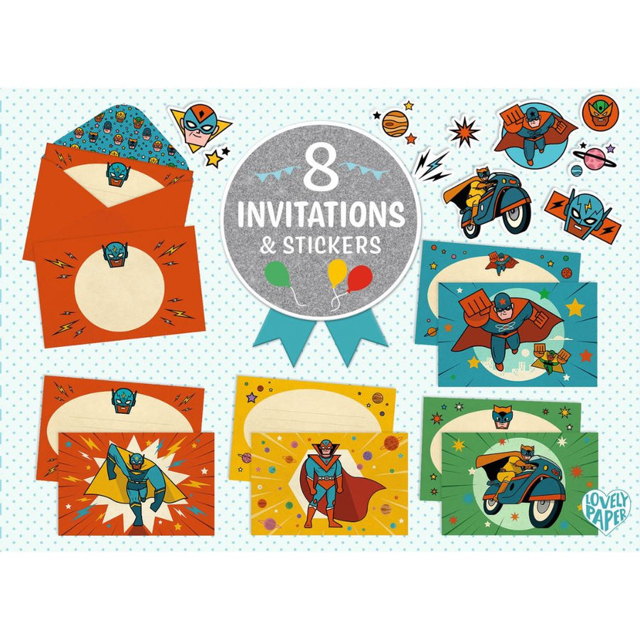 Djeco Lovely Paper - 8 Invitations and Stickers - Pow ! Bang ! DD03496