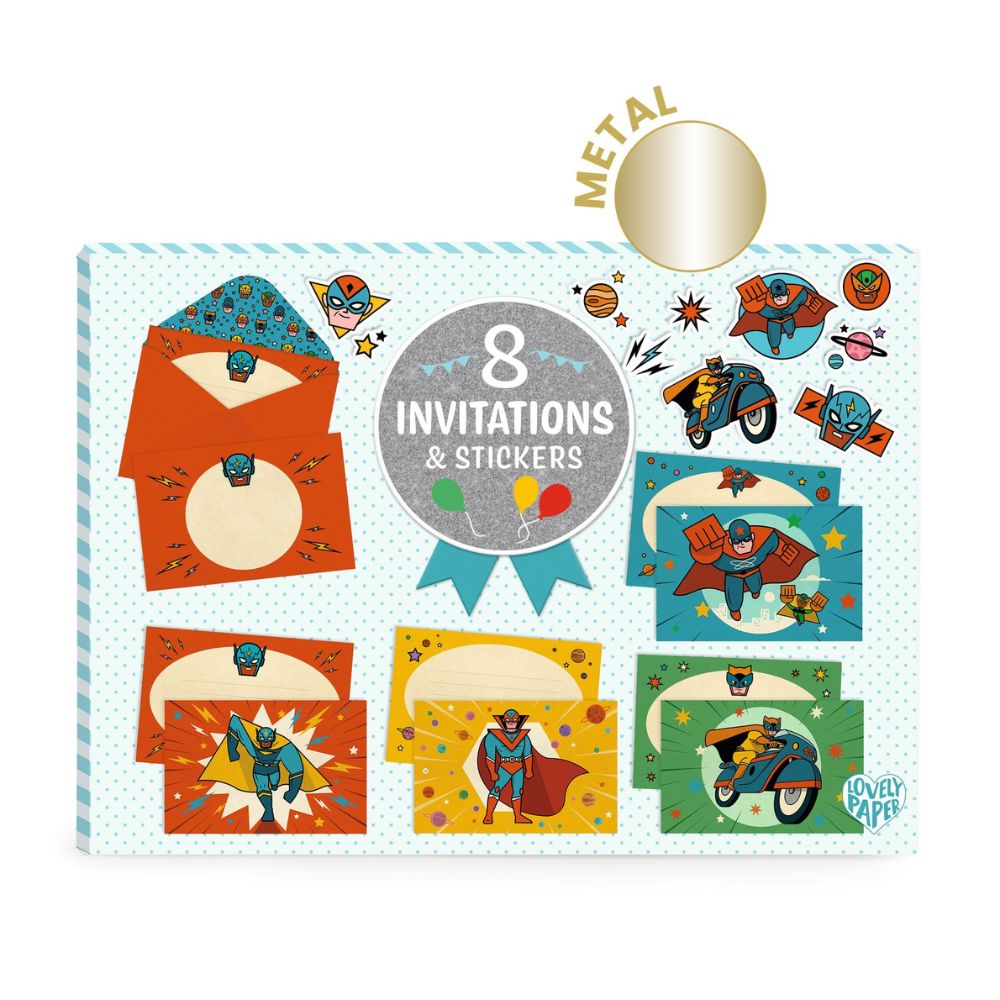 Djeco Lovely Paper - 8 Invitations and Stickers - Pow ! Bang ! DD03496