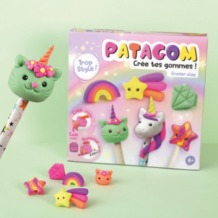 Patacom eraser kit with colorful erasers and packaging on a light green background