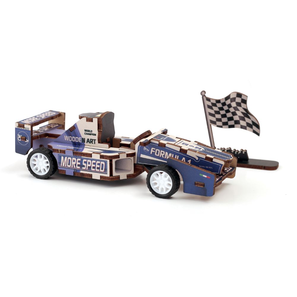Model of a Formula 1 car with a checkered flag on a white background