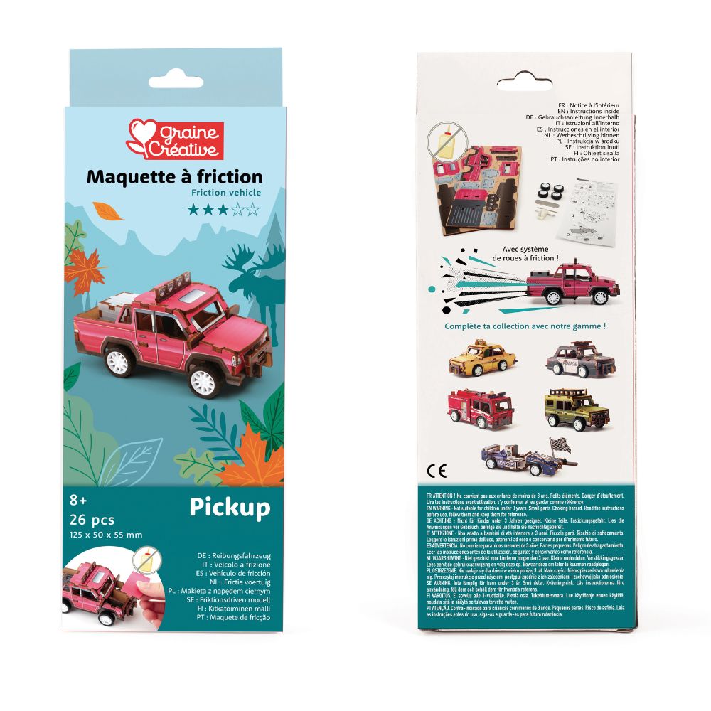 Packaging of a toy pickup truck model kit with colorful graphics and text.