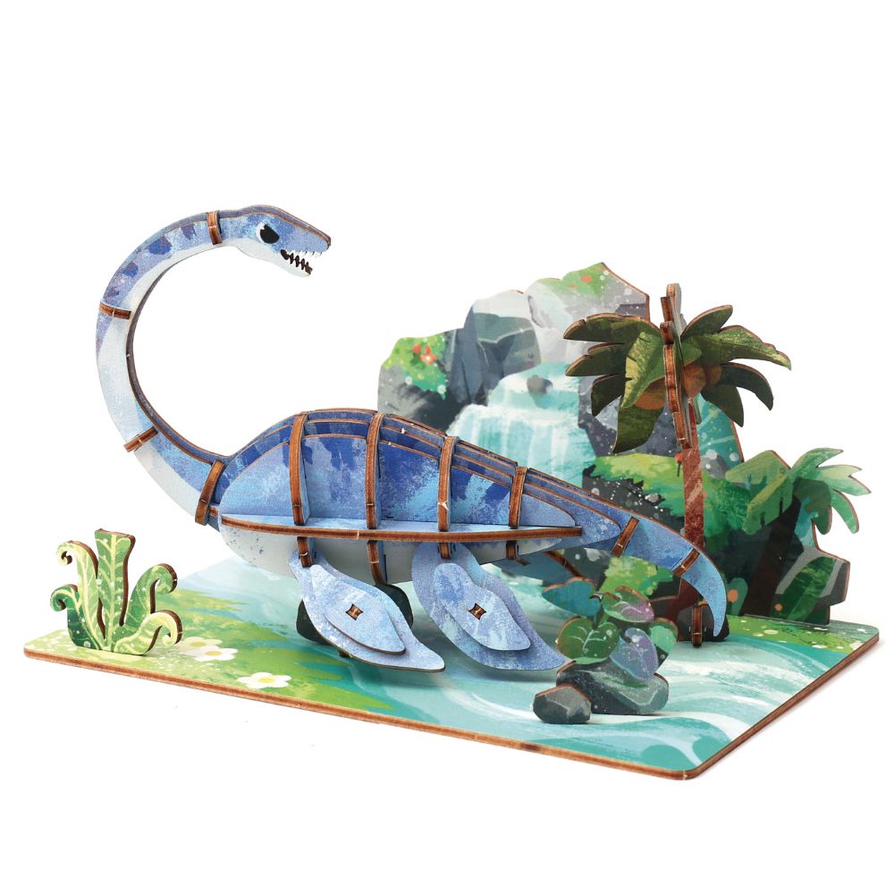 3D dinosaur model with a tropical landscape background