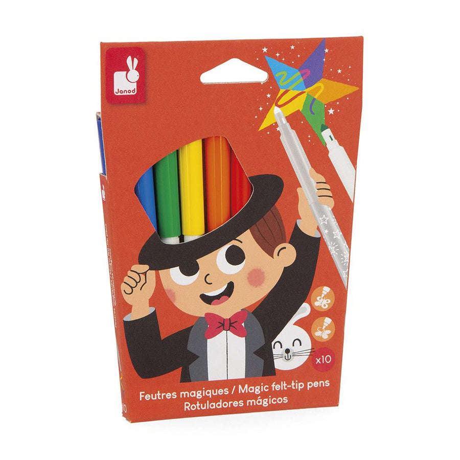 Packaging of magic felt-tip pens with colorful pens and cartoon character on a red background.