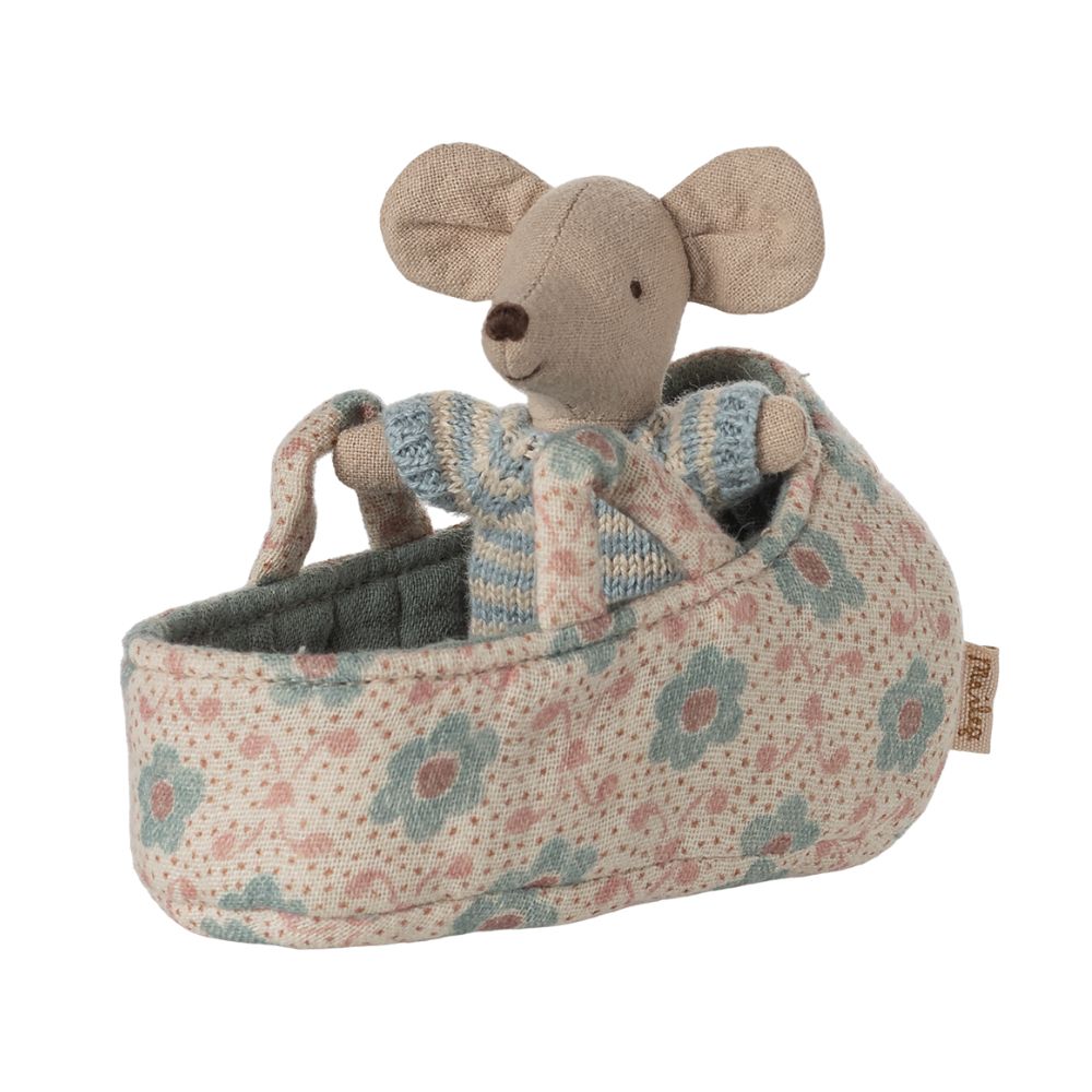 Maileg Baby Mouse In Carry Cot - Blue 17-5003-00