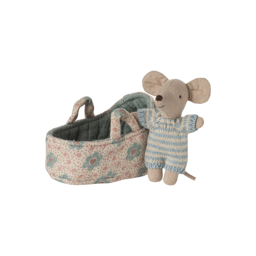 Maileg Baby Mouse In Carry Cot - Blue 17-5003-00