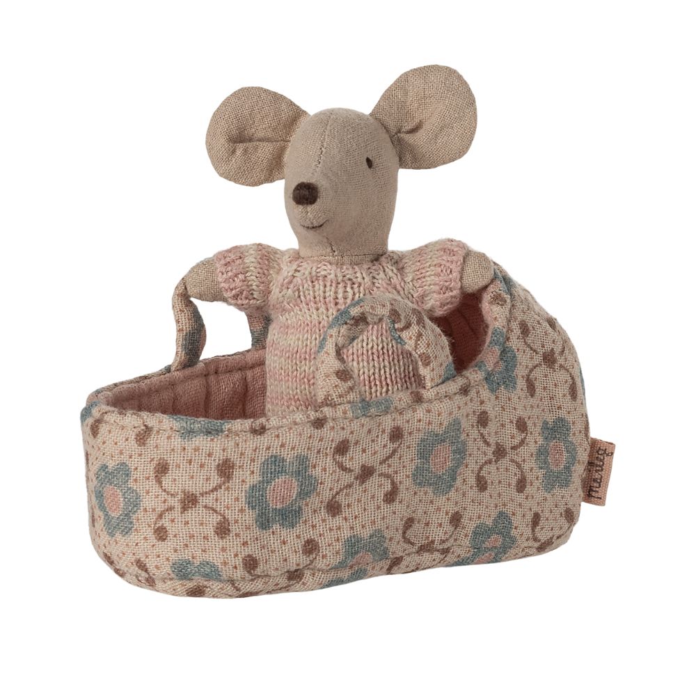 Maileg Baby Mouse In Carry Cot - Rose  17-5004-00