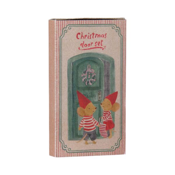 Maileg Christmas Door Set Mouse with red hats, wreath and stocking