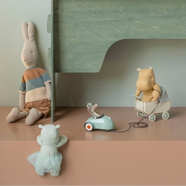 Maileg Car, Mouse in Light Mint vintage metal toy car with pull string for Little Brother, Little Sister, Big Brother, Big Sister and Mum and Dad mice.