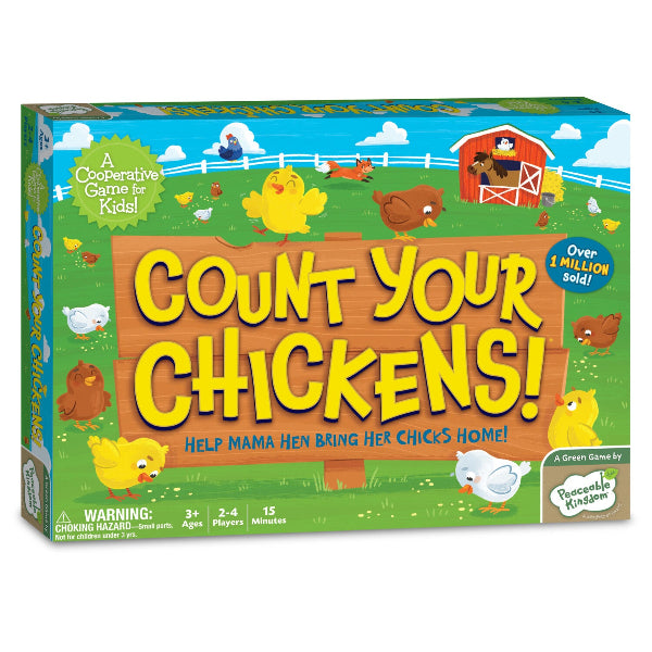 Count Your Chickens! Cooperative Game for Kids by Peaceable Kingdom, shown in its retail box. The box features a colorful cartoon illustration of a farm with yellow chickens, a red barn, and a green field under a blue sky.