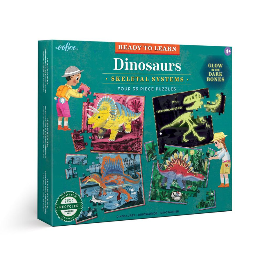 Eeboo Dinosaurs Ready to Learn 36 Piece 4 Puzzle Set - Glow In The Dark