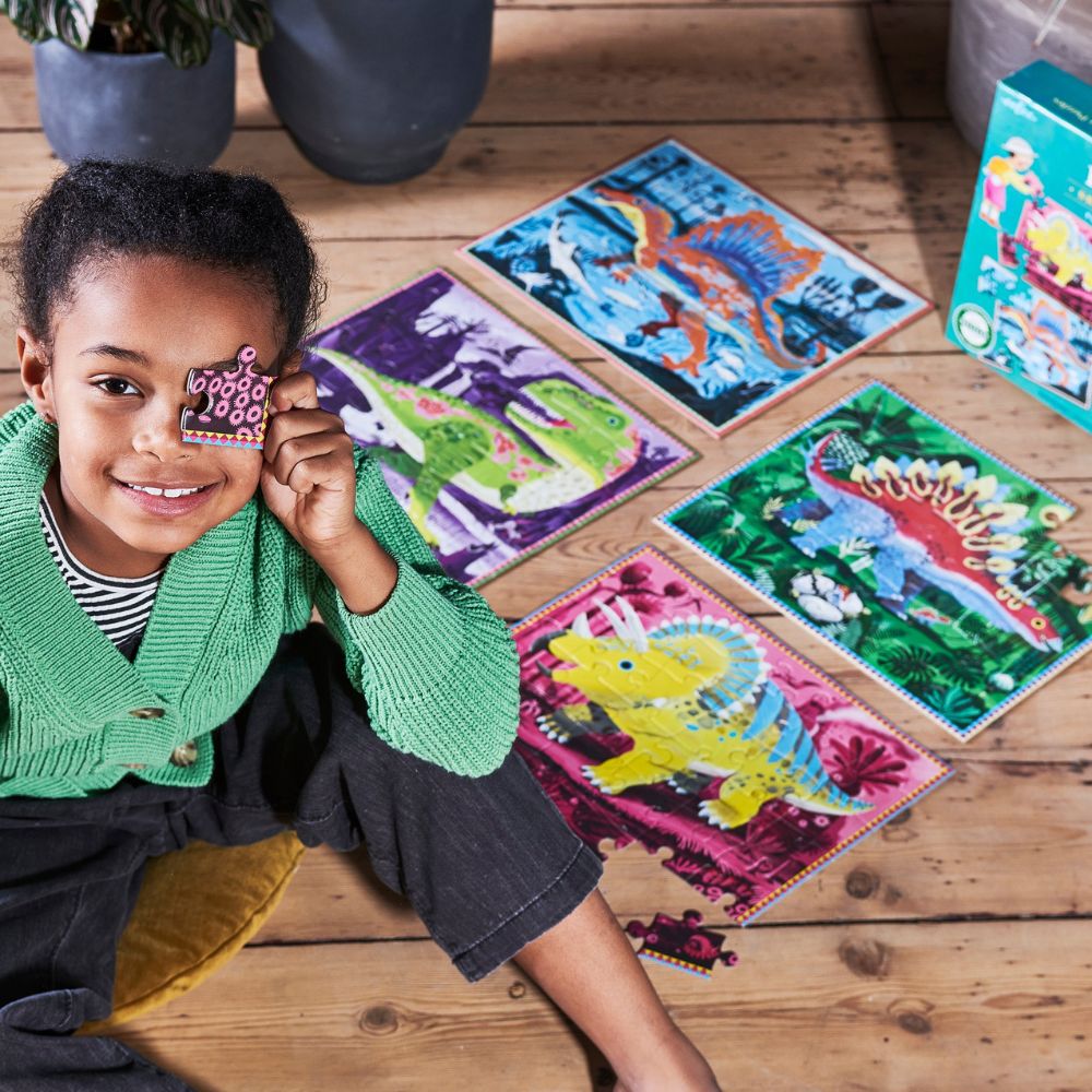 Eeboo Dinosaurs Ready to Learn 36 Piece 4 Puzzle Set - Glow In The Dark