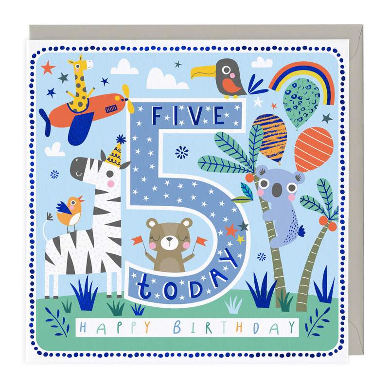 Whistlefish 5th Birthday Card - Animal Party