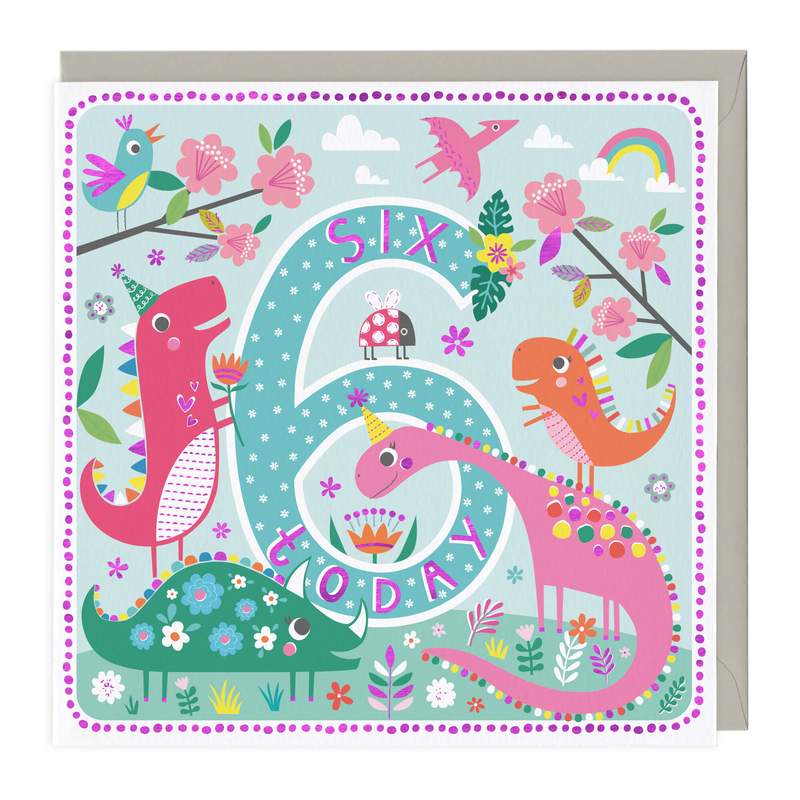 Whistlefish 6th Birthday Card - Pink Dinosaurs