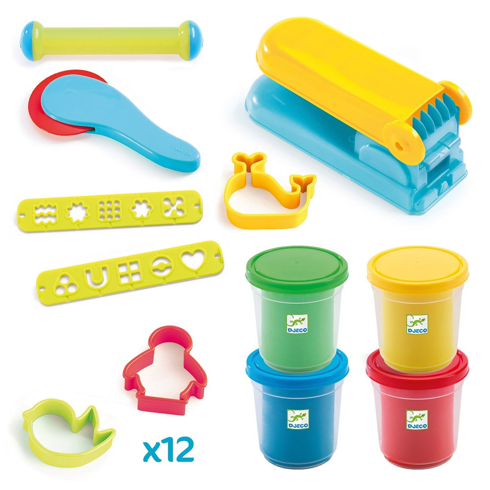Djeco Dough Starter Set 4 tubs / 15 tools - classic colours