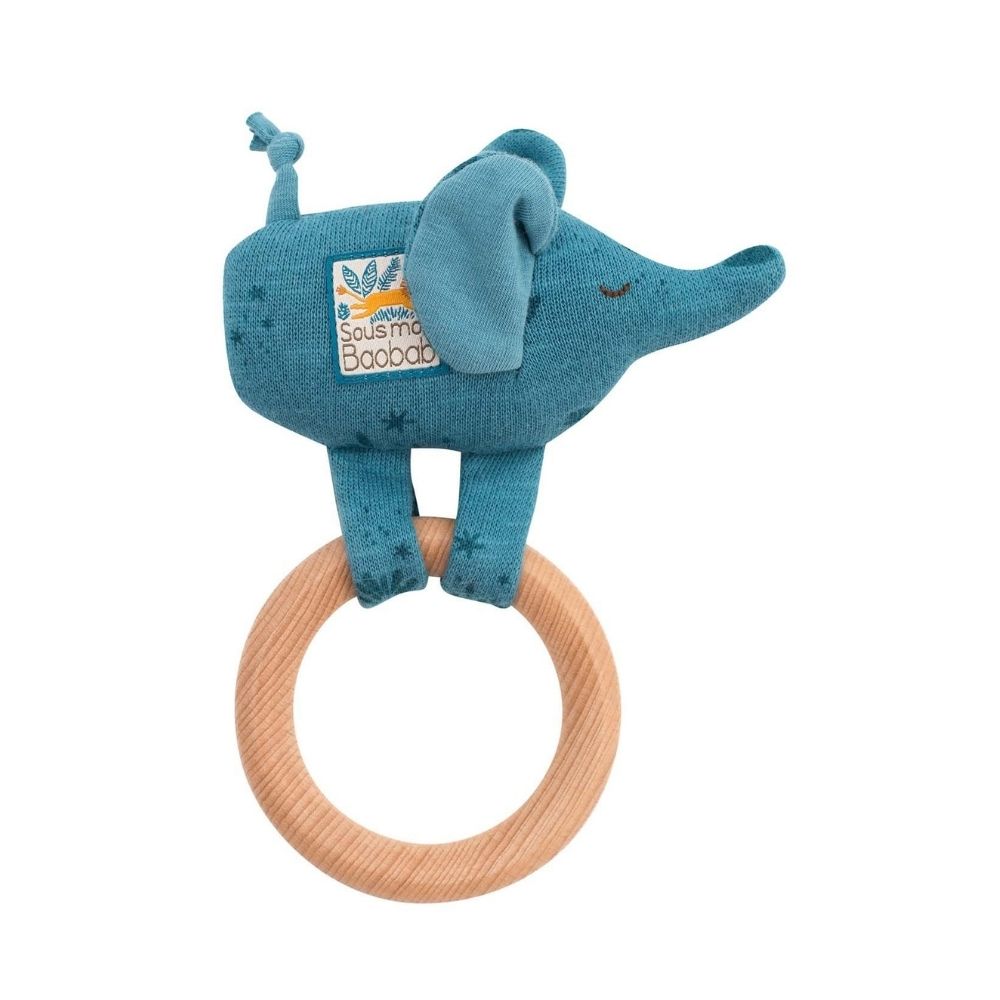Moulin Roty Wooden Elephant Ring Rattle - Sous Mon Baobab